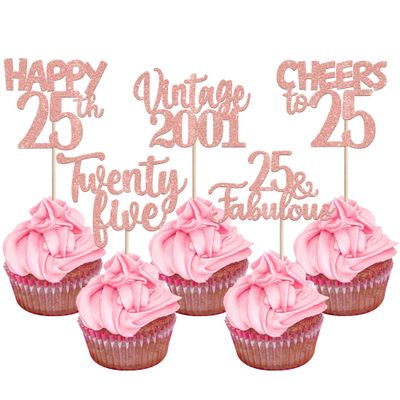 30PCS Happy 25th Birthday Cupcake Toppers Glitter Twenty Five 25 Fabulous Vintage 2001 Cupcake Picks Cheers to 25 Years for 25th Birthday Anniversary Party Cake Decorations Supplies Rose Gold