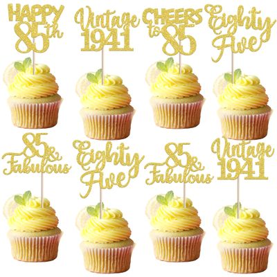 30PCS Happy 85th Birthday Cupcake Toppers Glitter Eighty Five 85 Fabulous Vintage 1941 Cupcake Picks Cheers to 85 Years for 85th Birthday Anniversary Party Cake Decorations Supplies Gold