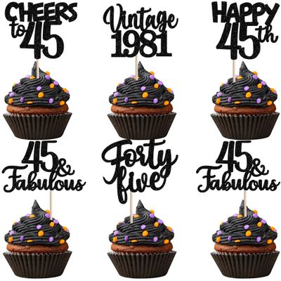 30PCS Happy 45th Birthday Cupcake Toppers Glitter Forty Five Vintage 1981 Cupcake Picks 45 Fabulous Cheers to 45 Years Cake Decorations for 45th Birthday Anniversary Party Supplies Black
