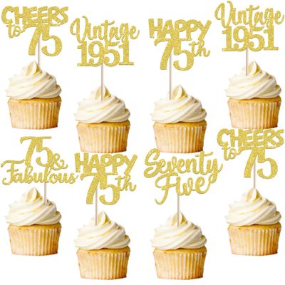 30PCS Happy 75th Birthday Cupcake Toppers Glitter Seventy Five 75 Fabulous Vintage 1951 Cupcake Picks Cheers to 75 Years for 75th Birthday Anniversary Party Cake Decorations Supplies Gold