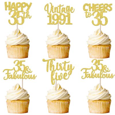 30PCS Happy 35th Birthday Cupcake Toppers Glitter Thirty Five 35 Fabulous Vintage 1991 Cupcake Picks Cheers to 35 Years for 35th Birthday Anniversary Party Cake Decorations Supplies Gold