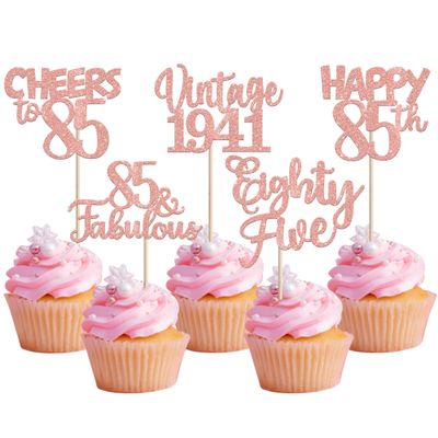 30PCS Happy 85th Birthday Cupcake Toppers Glitter Eighty Five 85 Fabulous Vintage 1941 Cupcake Picks Cheers to 85 Years for 85th Birthday Anniversary Party Cake Decorations Supplies Rose Gold