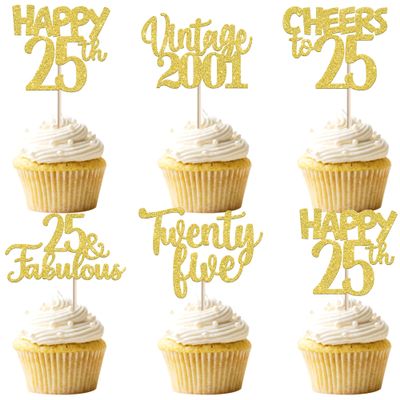 30PCS Happy 25th Birthday Cupcake Toppers Glitter Twenty Five 25 Fabulous Vintage 2001 Cupcake Picks Cheers to 25 Years for 25th Birthday Anniversary Party Cake Decorations Supplies Gold