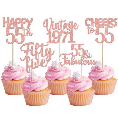 30PCS Happy 55th Birthday Cupcake Toppers Glitter Fifty Five 55 Fabulous Vintage 1971 Cupcake Picks Cheers to 55 Years for 55th Birthday Anniversary Party Cake Decorations Supplies Rose Gold
