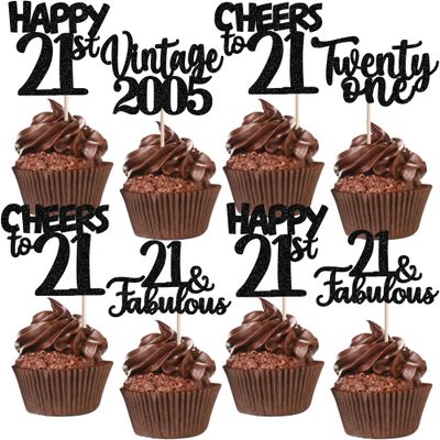 30PCS Happy 21st Birthday Cupcake Toppers Glitter Twenty One Vintage 2005 Cupcake Picks 21 Fabulous Cheers to 21 Years Cake Decorations for 21st Birthday Anniversary Party Supplies Black