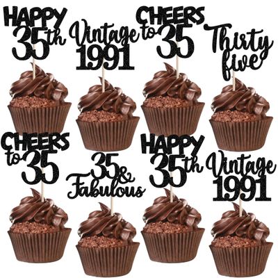30PCS Happy 35th Birthday Cupcake Toppers Glitter Thirty Five Vintage 1991 Cupcake Picks 35 Fabulous Cheers to 35 Years Cake Decorations for 35th Birthday Anniversary Party Supplies Black