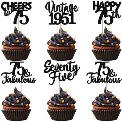 30PCS Happy 75th Birthday Cupcake Toppers Glitter Seventy Five Vintage 1951 Cupcake Picks 75 Fabulous Cheers to 75 Years Cake Decorations for 75th Birthday Anniversary Party Supplies Black