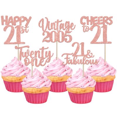 30PCS Happy 21st Birthday Cupcake Toppers Glitter Twenty One 21 Fabulous Vintage 2005 Cupcake Picks Cheers to 21 Years for 21st Birthday Anniversary Party Cake Decorations Supplies Rose Gold