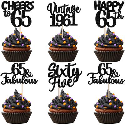 30PCS Happy 65th Birthday Cupcake Toppers Glitter Sixty Five Vintage 1961 Cupcake Picks 65 Fabulous Cheers to 65 Years Cake Decorations for 65th Birthday Anniversary Party Supplies Black