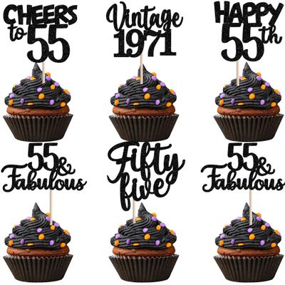 30PCS Happy 55th Birthday Cupcake Toppers Glitter Fifty Five Vintage 1971 Cupcake Picks 55 Fabulous Cheers to 55 Years Cake Decorations for 55th Birthday Anniversary Party Supplies Black