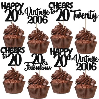 30PCS Happy 20th Birthday Cupcake Toppers Glitter Twenty Vintage 2006 Cupcake Picks 20 Fabulous Cheers to 20 Years Cake Decorations for 20th Birthday Wedding Anniversary Party Supplies Black