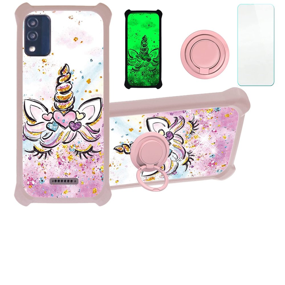 Blu Studio X5 2022 5 Inch Case Compatible with Blu Studio X5 2022 5 Inch Phone Case Cover [with Tempered Glass Screen Protector][Hard PC + Soft Silicone][Ring Support] [Gold Glitter+Luminous] JSF-JJS