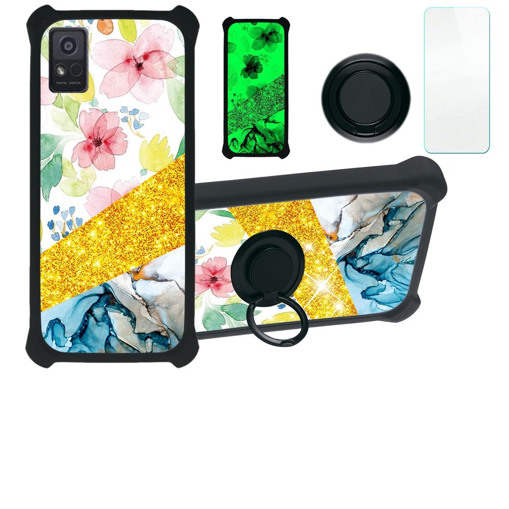 Consumer Cellular Avid 589 Z5158 Case Compatible with Zte Avid 589 Phone Case Cover [with Tempered Glass Screen Protector][Hard PC + Soft Silicone][Ring Support] [Gold Glitter+Luminous] JSH-SHS