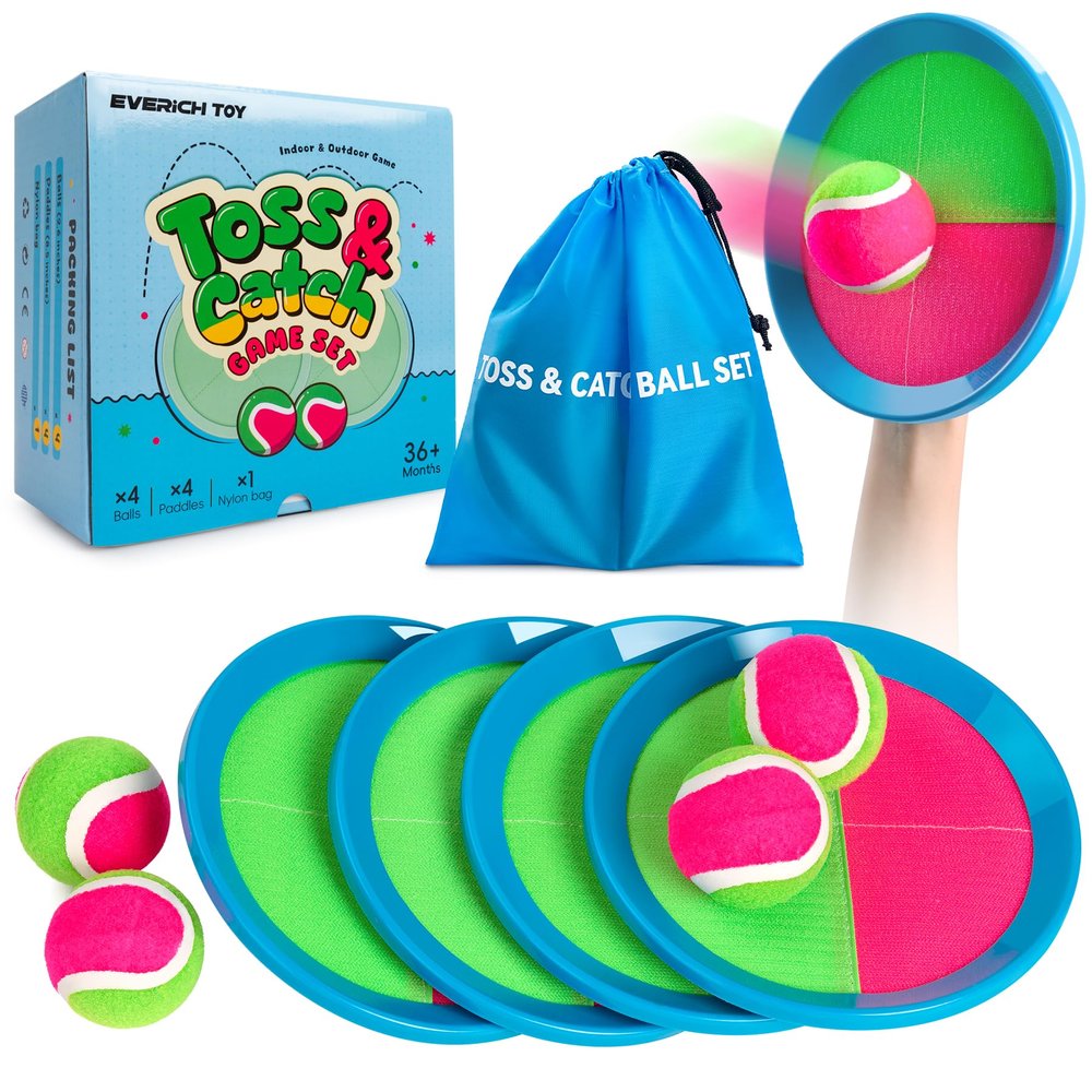 EVERICH TOY Upgraded Toss and Catch Ball Game Set, Kids Toy Stocking Stuffers for Boys Girls Ages 3-12, Includes 4 Paddles 4 Sticky Balls, Water-Resistant Indoor Outdoor Toy for Beach Pool Yard