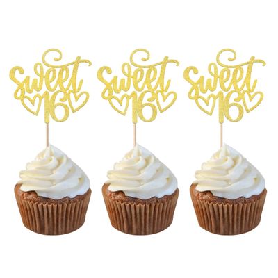 24 Pack Happy Sweet 16 Cupcake Toppers Glitter Sixteen 16th Birthday Cupcake Picks Cheers to 16 Years Old Cupcake Decorations for 16th Birthday Anniversary Party Cake Decorations Supplies Gold