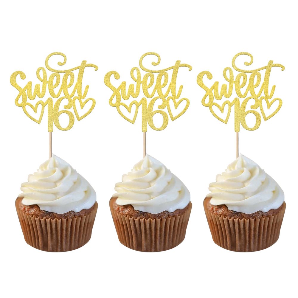 24 Pack Happy Sweet 16 Cupcake Toppers Glitter Sixteen 16th Birthday Cupcake Picks Cheers to 16 Years Old Cupcake Decorations for 16th Birthday Anniversary Party Cake Decorations Supplies Gold