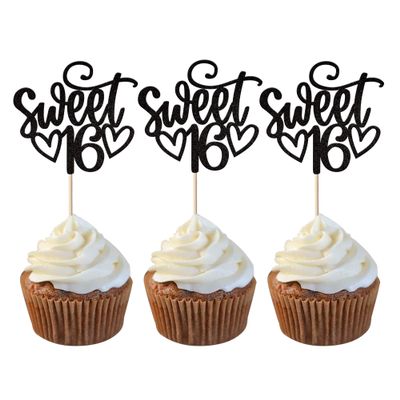 24 Pack 16th Birthday Cupcake Toppers Glitter Sixteen Happy Sweet 16 Cupcake Picks Cheers to 16 Years Old Cupcake Decorations for 16th Birthday Anniversary Party Cake Decorations Supplies Black