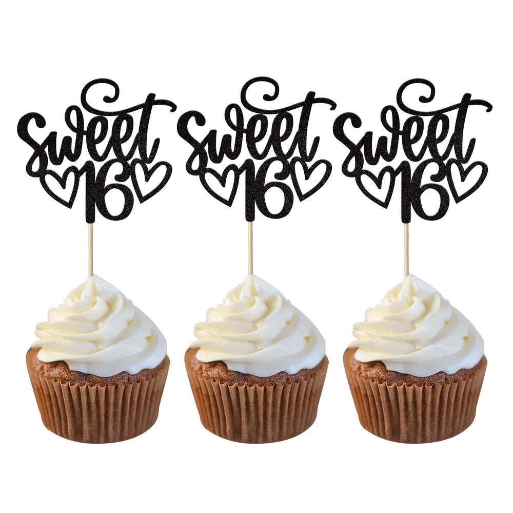 24 Pack 16th Birthday Cupcake Toppers Glitter Sixteen Happy Sweet 16 Cupcake Picks Cheers to 16 Years Old Cupcake Decorations for 16th Birthday Anniversary Party Cake Decorations Supplies Black