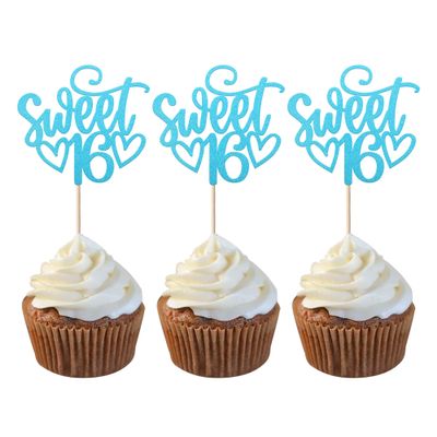 24 Pack 16th Birthday Cupcake Toppers Glitter Sixteen Happy Sweet 16 Cupcake Picks Cheers to 16 Years Old Cupcake Decorations for 16th Birthday Anniversary Party Cake Decorations Supplies Light Blue