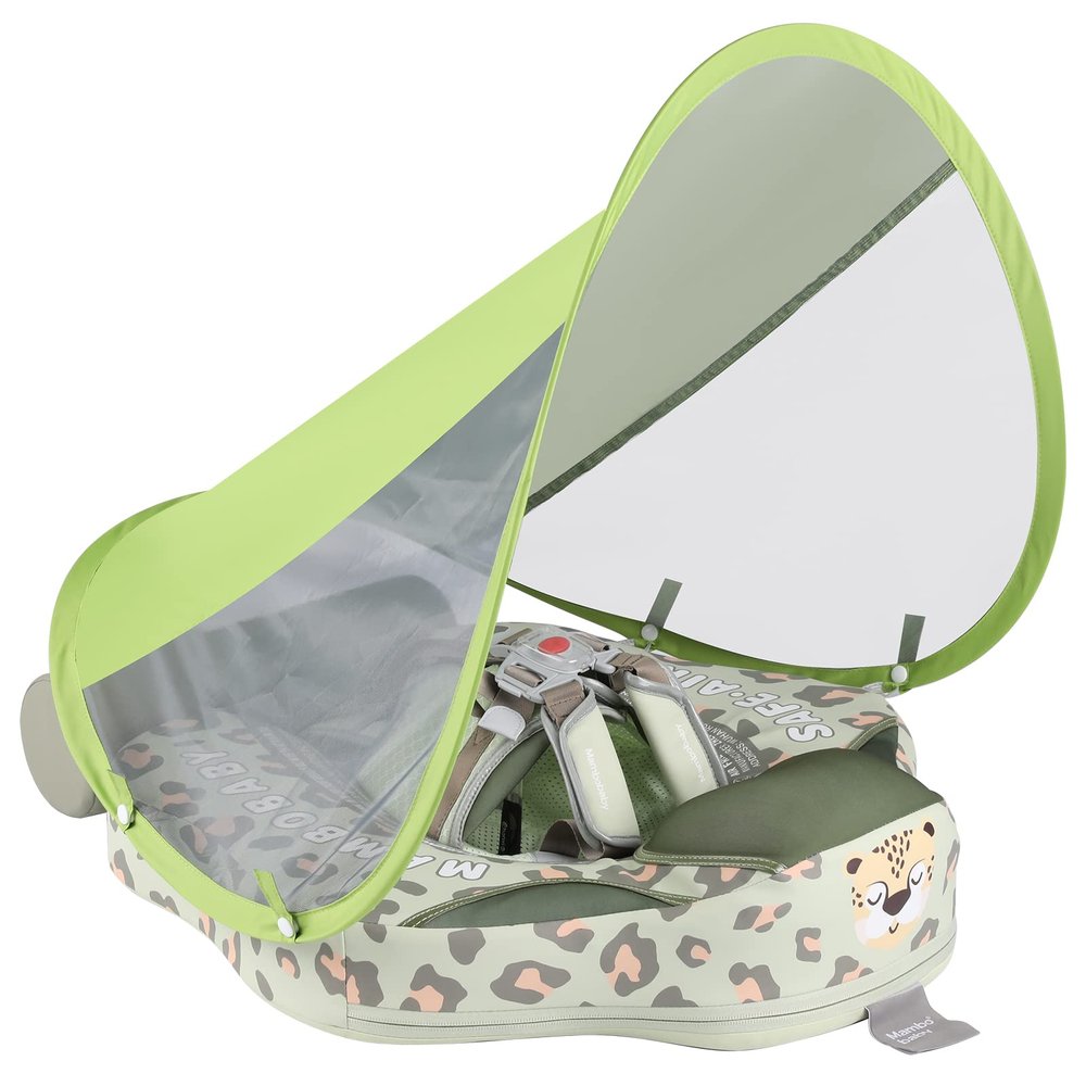GENTEACO Mambobaby Baby Swim Float with Canopy Non-Inflatable Infant Pool Float with Tail 3-24 Months Avoid Flip Solid Skin-Friendly Material for Toddler Boys Girls(Leopard Green)