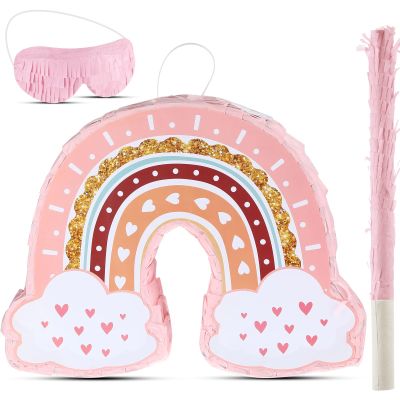 Threan Rainbow Piata Pink Rainbow Birthday Party Piata with Bat Stick Blindfold Boho Theme Birthday Baby Shower Toys Games Party Supplies Decor