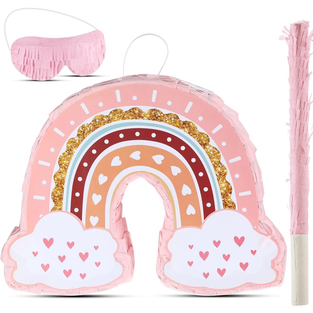 Threan Rainbow Piata Pink Rainbow Birthday Party Piata with Bat Stick Blindfold Boho Theme Birthday Baby Shower Toys Games Party Supplies Decor