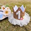 Agkvw Crown for Girls' First Birthday, Rose Gold 1st Birthday Hat, Flower Tutu Crown, Cake Smash Props, Decorations for Girls view 2