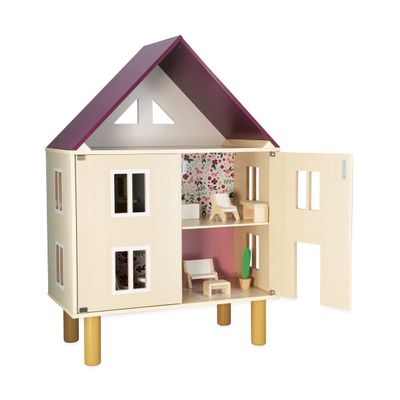 Janod Twist My First Doll House - 30 Dollhouse with Hinged Front and Wooden Legs - Includes 11 Pieces of Furniture - Compatible with Most 4.5 Dolls - Pretend Play Set - Ages 3-8 Years - J06617