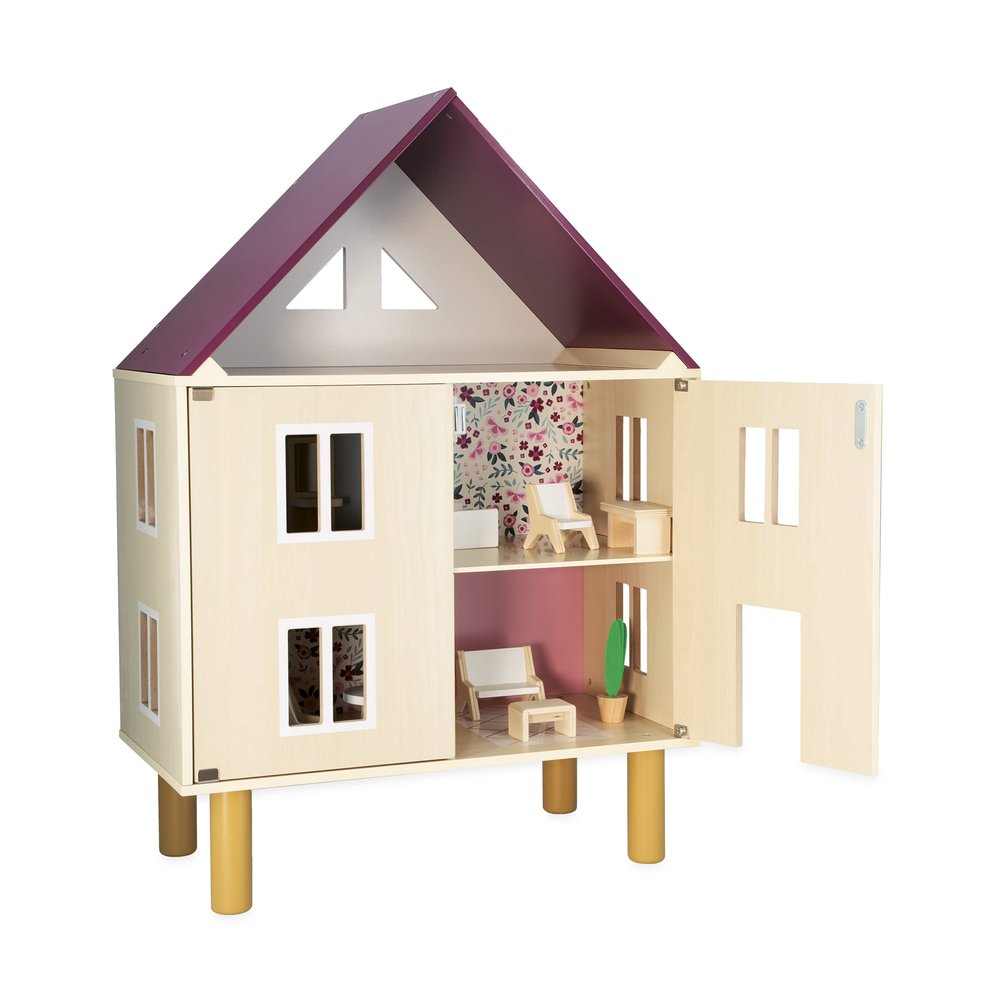 Janod Twist My First Doll House - 30 Dollhouse with Hinged Front and Wooden Legs - Includes 11 Pieces of Furniture - Compatible with Most 4.5 Dolls - Pretend Play Set - Ages 3-8 Years - J06617