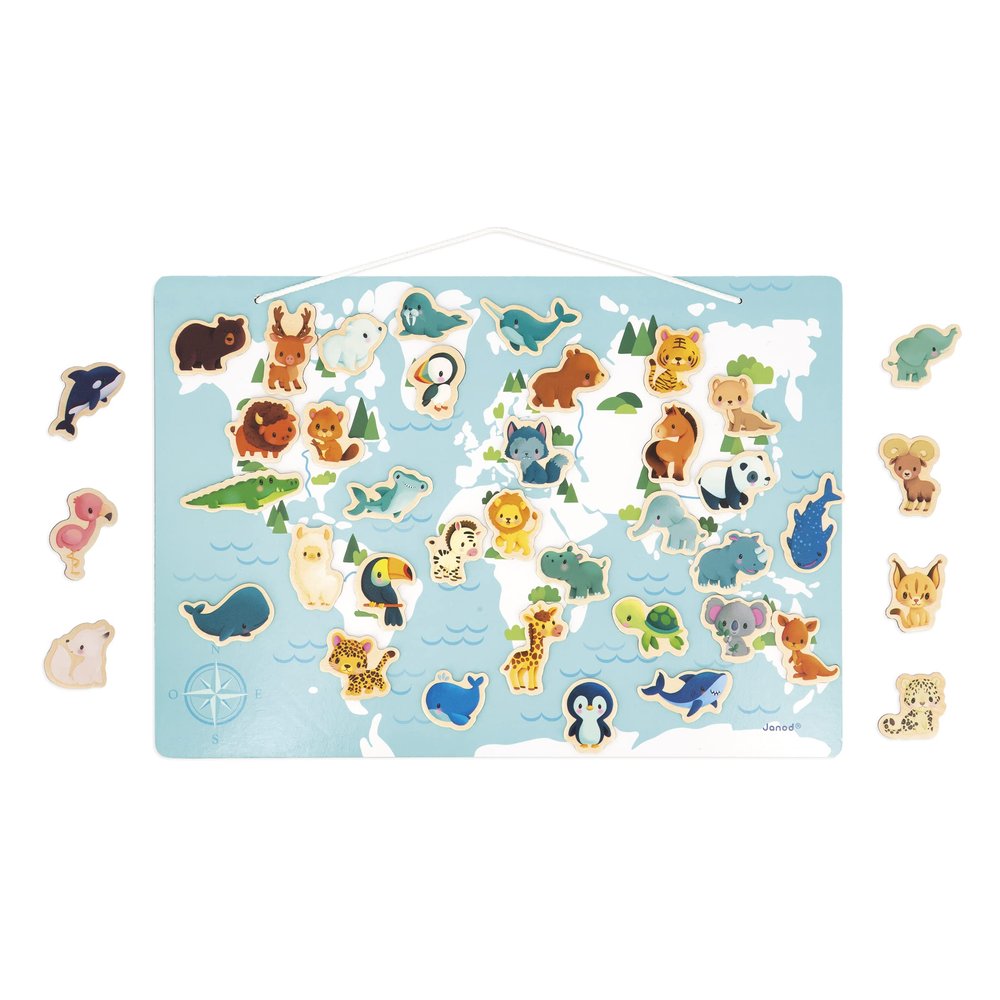 Janod Minikids World Puzzle-40 FSC Wood Magnets-1 Poster Included-Educational Game-Baby Animal Magnets-24 Months +, J05468, Multicolor