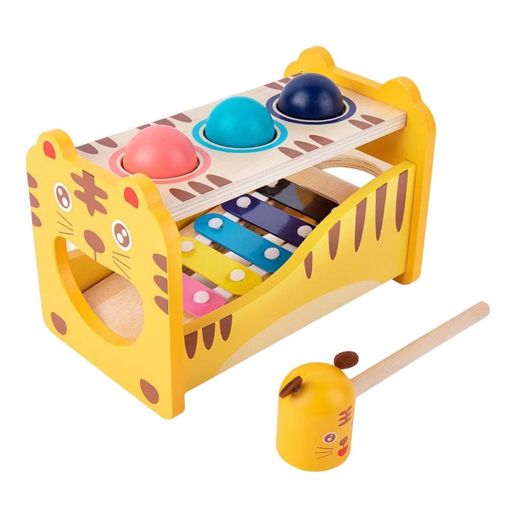 predolo Wooden Musical Pounding Toy Tap Benches with Slide Out Xylophone for Toddlers
