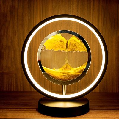 Hourglass Table Lamp, 3D Quicksand Art Sand Scene Dynamic Round Glass, Sandscape Painting Desk Lamp, Sand Painting Lamp LED Indoor Lighting SandArt Desk Lamp Office Decor ( Color : Black , Size : B )