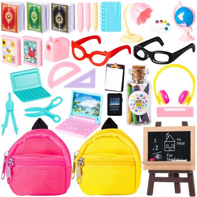 Mini School Supplies, 30Pcs Doll School Supplies Includes Mini Doll Backpack Laptops Glasses Blackboard Book Palette Paper Ruler Scissors Calculator for Dolls Accessories Set