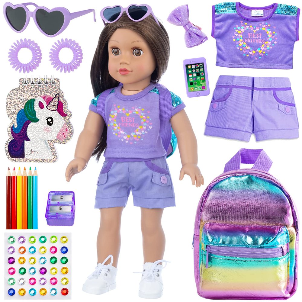 18INDC 18 Inch Girl Doll Clothes and Accessories School Supplies Playset with Clothes Set, School Bags, Sunglasses, Pencils, Pencil Sharpener, Notebooks, Phone, Hair Clip, Stickers No Dolls