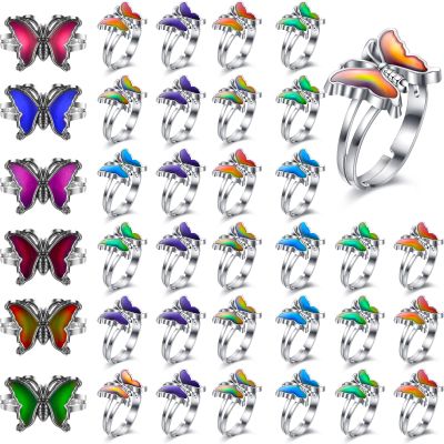 Yinkin 30 Pcs Mood Ring Adjustable Size Color Changing Mood Rings for Kids Girls and Boys Gift Costume Props Birthday Party Favors Halloween Costume Accessories(Butterfly)