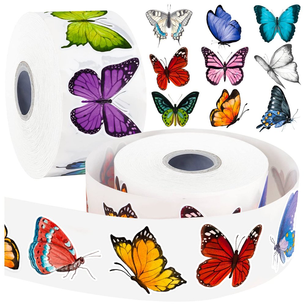 1600 PCS Butterfly Roll Stickers, 16 Styles Butterfly Stickers for Kids, Waterproof and Sun-Proof 3D Roll Sticker for Parties, Walls, Scrapbooks, Envelopes, Birthday and Greeting Cards
