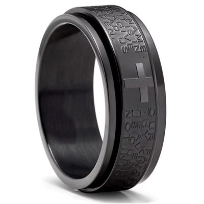 Adreamz Our Father Spinner - Black Stainless Steel Religious Cross Serenity Fidget Spinner for Anxiety - Lord's Prayer Rotatable Ring 11.5