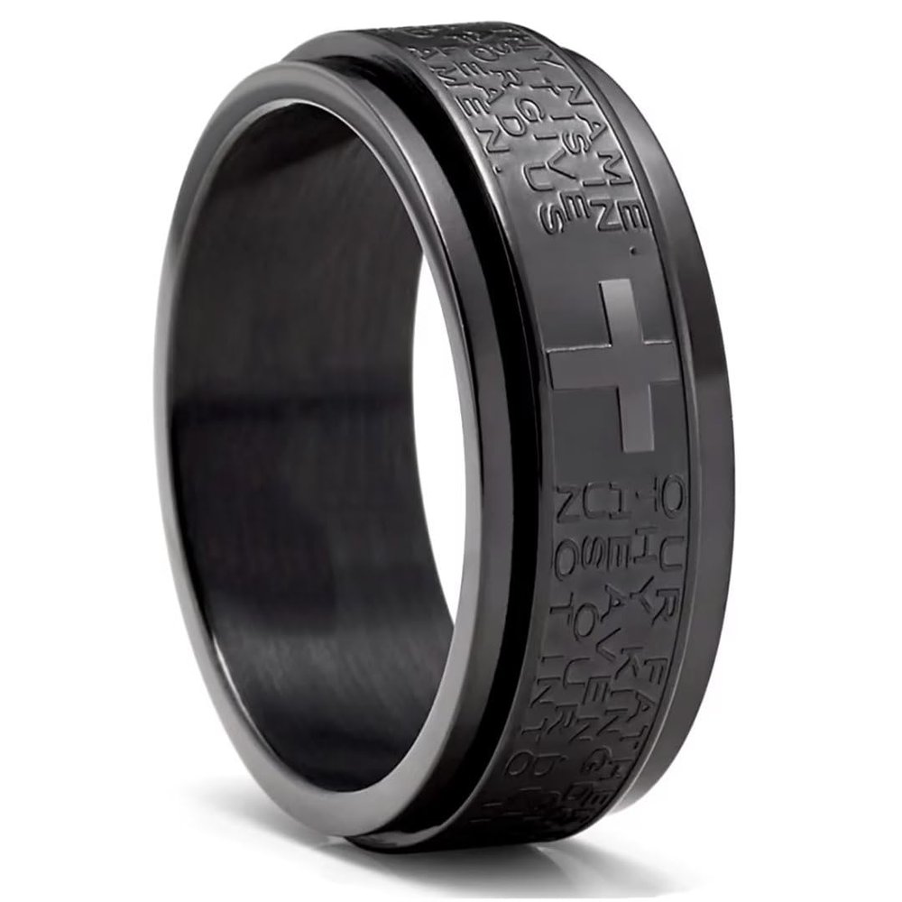 Adreamz Our Father Spinner - Black Stainless Steel Religious Cross Serenity Fidget Spinner for Anxiety - Lord's Prayer Rotatable Ring 11.5