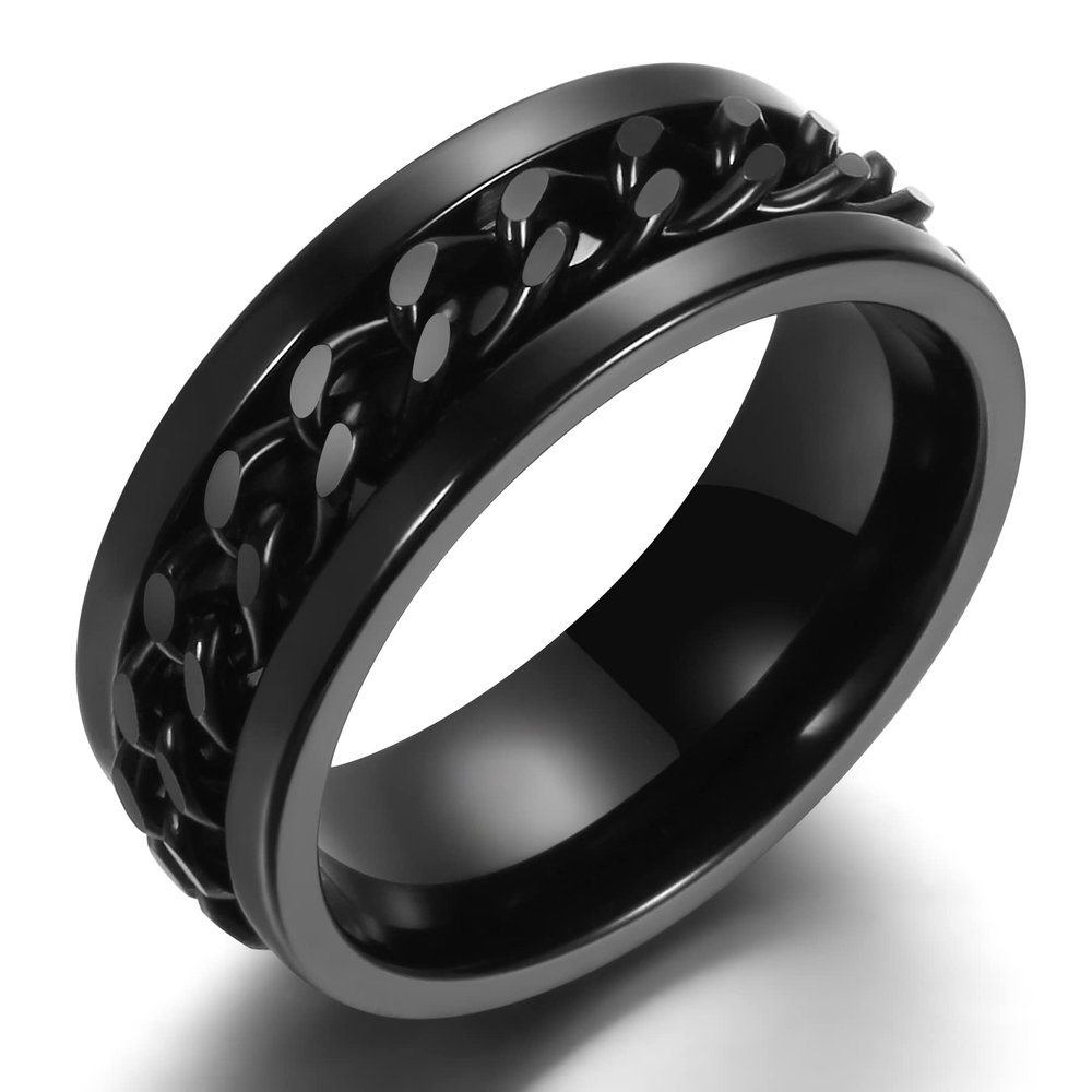 Adreamz 8mm Mens Women Black Chain 316L High Polished Stainless Steel Spinner Ring Spinning Rotating Anti Anxiety Fidget for Stress Relief Wedding Band 10