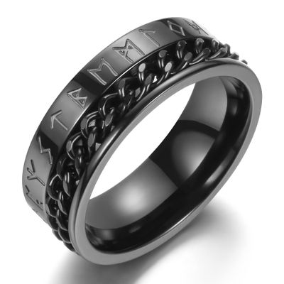 Adreamz 8mm Black Spinner Cuban Chain Viking Runes Stainless Steel Rotatable Rings for Anxiety Relief Wedding Band for Men Women 8.5