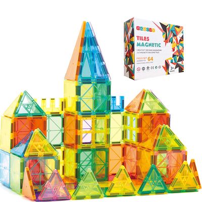 OugerToy Magnetic Building Tiles for Kids,64 PCS Educational Magnetic Stacking Blocks for Boys Girls, Magnets Construction Toys,Stem Preschool Kindergarten Learning Toys