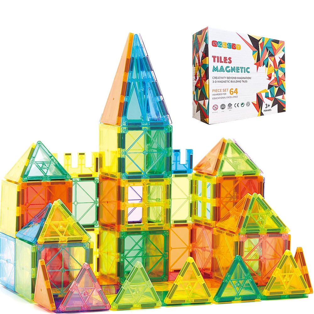 OugerToy Magnetic Building Tiles for Kids,64 PCS Educational Magnetic Stacking Blocks for Boys Girls, Magnets Construction Toys,Stem Preschool Kindergarten Learning Toys