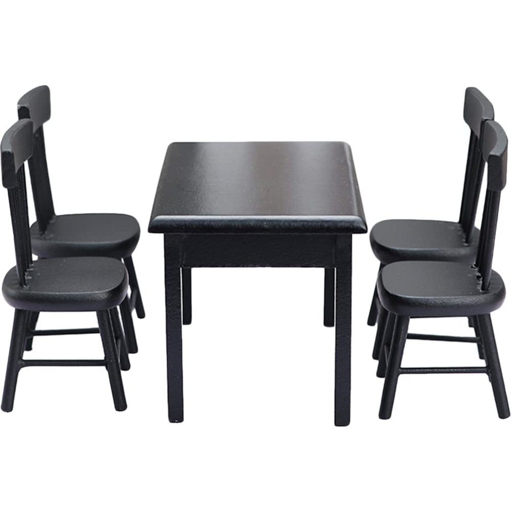 Black Chairs 5Pcs Miniature Table and Chairs Mini Dining Table Set for 4 Doll House Miniature Furniture and Accessories Furniture