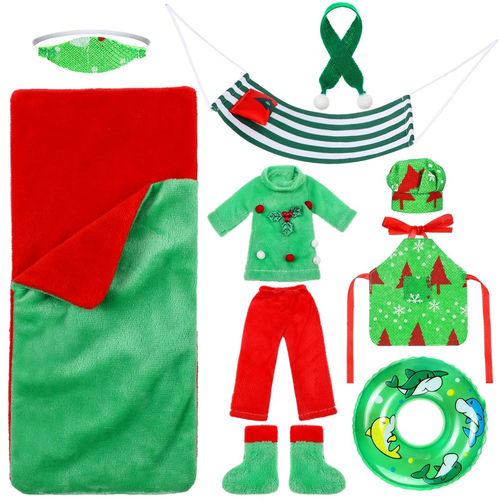 Bencailor Christmas Elf Accessories Elf Clothes Set Including Bathrobe Christmas Sleeping Bag Apron Hammock Shoes Scarf for Xmas New Year Party Decor(Elegant Style)