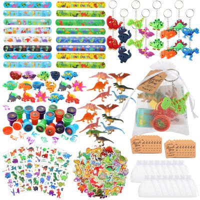 Hungdao 178 Pcs Dinosaur Birthday Party Favors for 16 Kids with Dinosaur Keychain Sticker Stamp Ring Slap Bracelet Tattoo Sticker Gift Bag Tag for Boys and Girls Party Carnival Gift Fillers