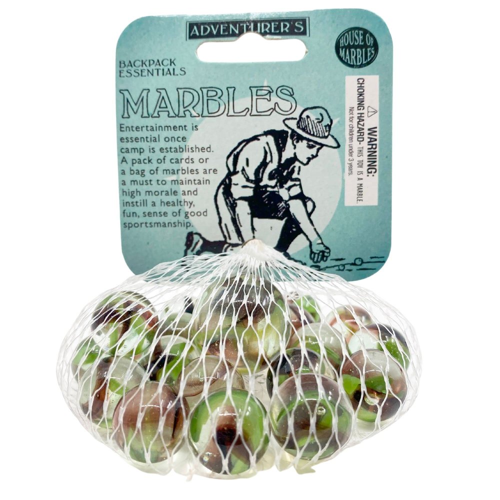 House of Marbles Adventurers Net Bag of Marbles - 21-Piece Camouflage Glass Marble Set with 1 Shooter & 20 Player Marbles for Games, Marble Runs, Collecting & Gifts