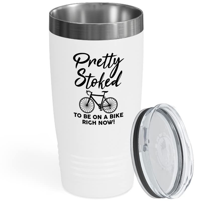 Cycling White Viking Tumbler 20oz - Pretty Stoked To Be - Bike Sport Hobby Biking Outdoor Activity Rider Funny Mountain Workout Off Road Uncle