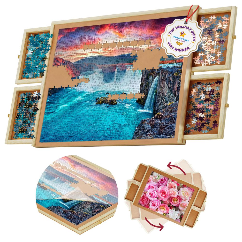 1000 Piece Rotating Puzzle Board with Drawers and Cover - 4 Drawers, Wooden Jigsaw Puzzle Table | 30 X 22| Jigsaw Puzzle Board - Portable Puzzle Tables for Adults and Kids by Beyond Innoventions