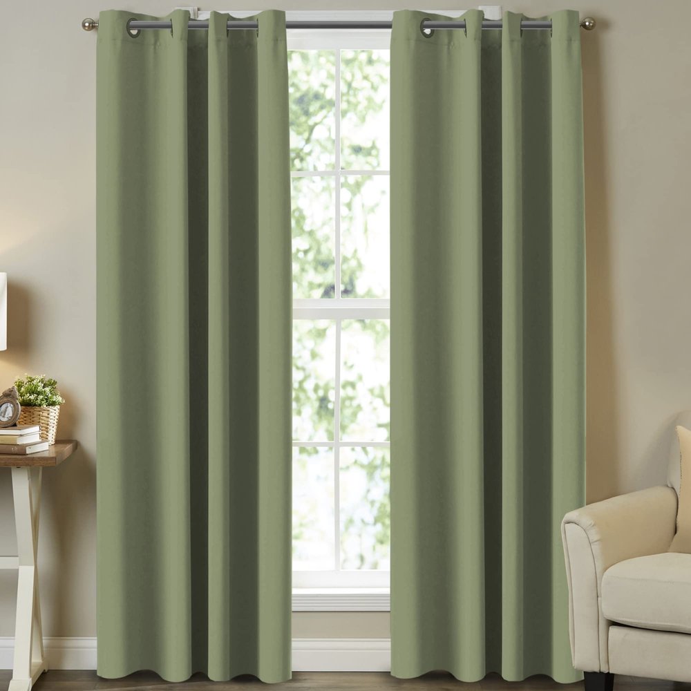 Turquoize Bedroom Blackout Curtains Panels Noise Reducing Thermal Insulated Solid Ring Top Blackout Window Curtains/Drapes, Energy Saving Nursery Curtains, 2 Panels, 52" W x 84" L, Sage