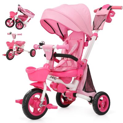 JMMD 8 in 1 Tricycle Stroller with Push Handle, Foldable Trike with 360 Swivel Seat, Reclining Backrest, All-Terrain Wheels, Dual Brakes, Canopy & Storage, Gift for Kids 18 Months to 5 Years, Pink